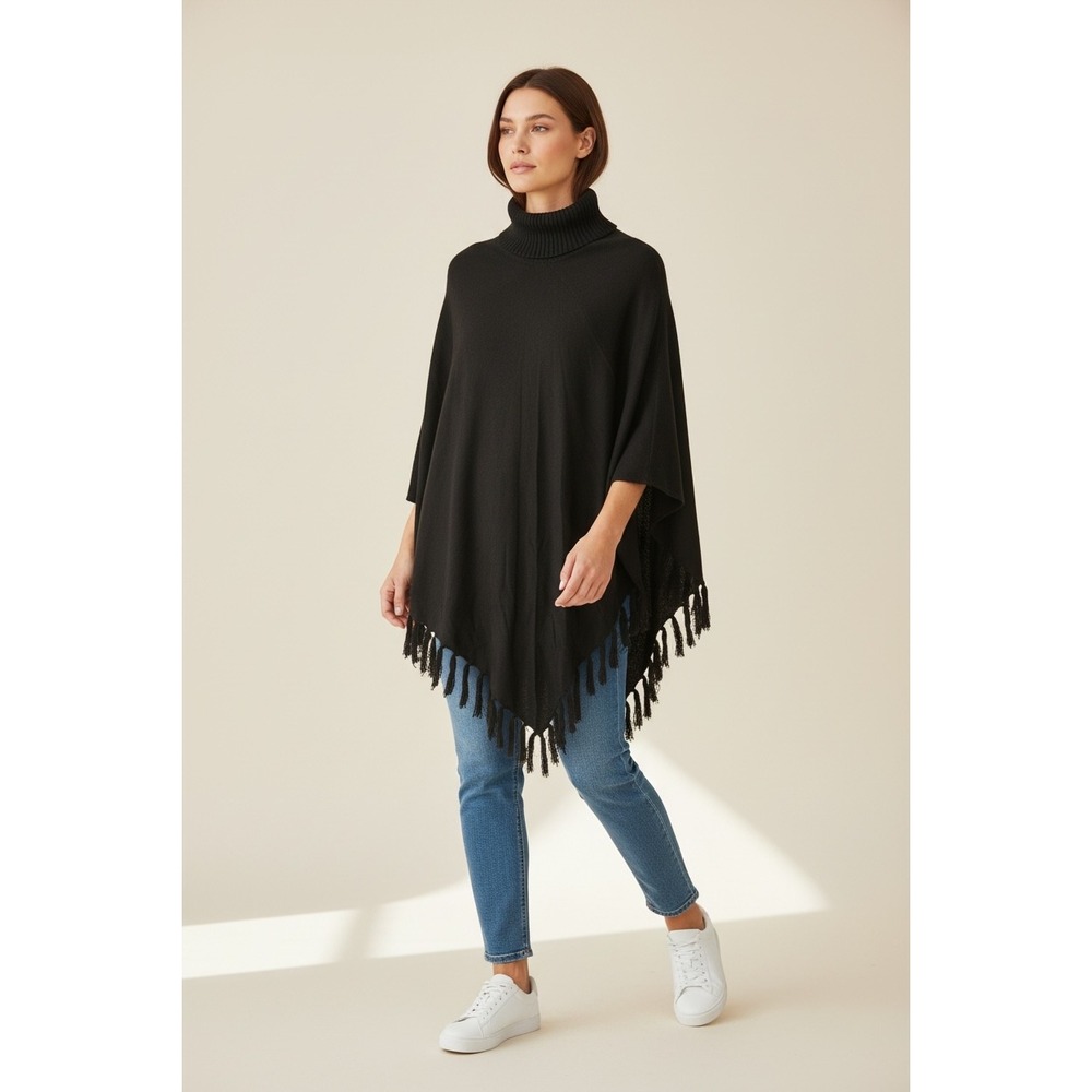 Cejon Brown Turtleneck Fringe Poncho